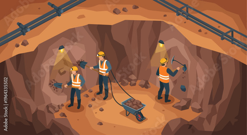 Miners working in an underground excavation site with tools and equipment.