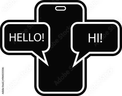 Vector graphic illustration of a smartphone with hello and hi speech bubbles
