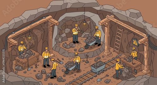 Miners working in an underground mine extracting resources.