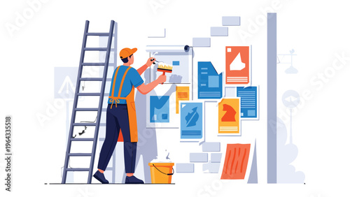 Handyman at Work: A handyman meticulously painting a wall, surrounded by essential tools of the trade, demonstrating craftsmanship and precision. 