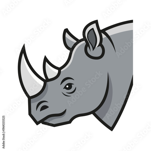 Gray rhino head with horn and ears on white background