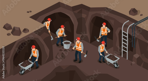 Miners working in underground tunnels digging for resources.