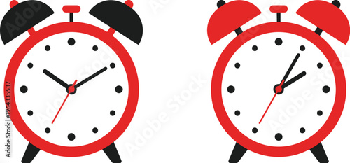 Red alarm clocks ringing at different times on white background