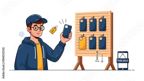 Mobile Showcase: A young individual inspects a sleek smartphone at a mobile display, browsing a selection of protective cases and accessories, showcasing the allure of modern technology.