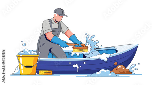 Marine Maintenance: A worker meticulously cleans a boat, scrubbing away dirt and grime with a brush, symbolizing dedication to upkeep and the joy of boating.