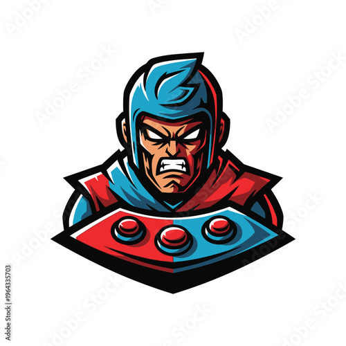 Angry gamer with blue hair and red gaming controller.