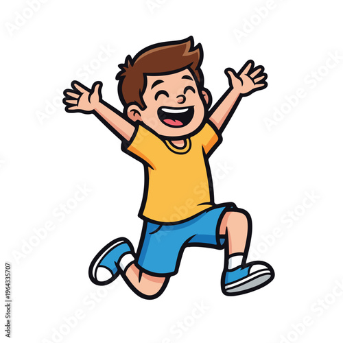 Happy cartoon boy jumping in mid air with arms outstretched
