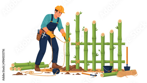 Craftsman's Bamboo Barrier: A skilled craftsman meticulously constructs a sustainable bamboo fence, demonstrating a commitment to eco-friendly building practices.