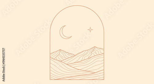 Minimalist Line Art Landscape with Mountains Moon and Star in Arch Frame.