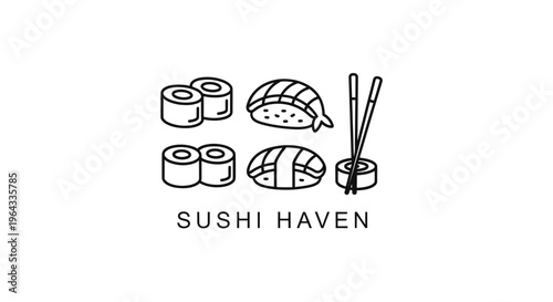 Minimalist Sushi Haven Logo with Various Sushi Rolls and Chopsticks.