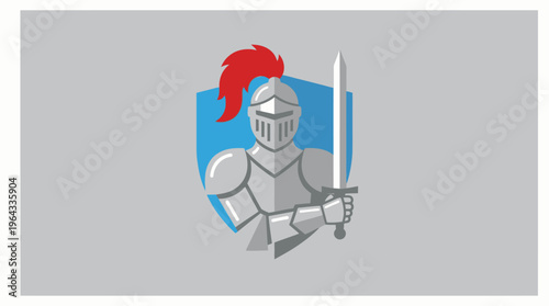Stylized illustration of a medieval knight in full silver armor with a red plume, holding a sword, set against a blue shield and grey background.
