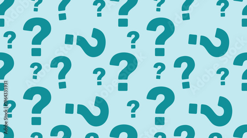 A seamless pattern of numerous teal question marks scattered across a light blue background, symbolizing inquiry and uncertainty.