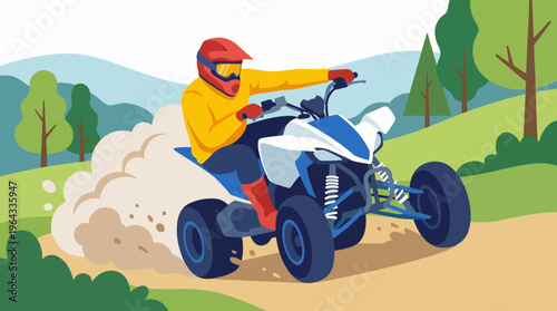 Person riding an ATV on a dirt path, kicking up dust, with green hills and trees in the background.