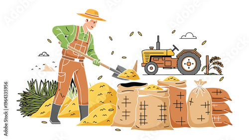Harvest Time: A dedicated farmer, using a shovel, tirelessly works on a farm, surrounded by his harvest, next to the tractor, ready for distribution, in anticipation of a fulfilling yield.