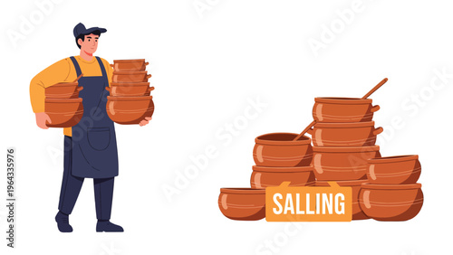 Ceramic Seller and His Goods: A vendor stands proudly next to a selection of his ceramic creations, emphasizing artistry and the cultural significance of handmade crafts.