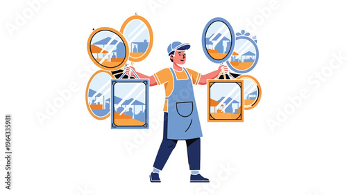 Mirror Salesman's Presentation: An illustration of a salesman presenting a collection of mirrors, showcasing diverse shapes and designs in a setting.