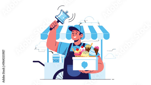 Sweet Treats on Wheels: An ice cream vendor rings a bell, enticing customers with a delightful assortment of frozen desserts, embodying the joy and refreshment of a sunny day.