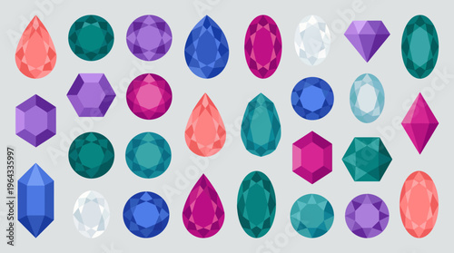 A vibrant collection of faceted gemstones in various shapes and colors, including teardrop, oval, round, and hexagonal cuts, showcasing a spectrum of jewel tones.