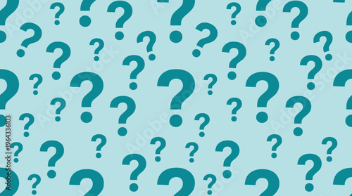 A repeating pattern of teal question marks scattered across a light blue background, symbolizing inquiry and uncertainty.
