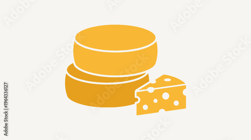 Graphic illustration of two stacked cheese wheels and a wedge of cheese with holes, depicted in a simple, stylized manner.