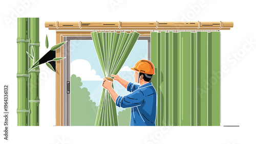 Bamboo Window Decor: A worker meticulously adjusts a bamboo window shade, seamlessly blending functionality with natural elegance. Embracing eco-friendly design and craftsmanship.