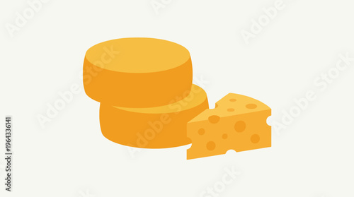 Illustration of two round cheese wheels stacked next to a single triangular slice of Swiss cheese with holes.