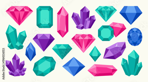 A vibrant collection of colorful faceted gemstones and natural crystal clusters in various shapes and hues, including pink, teal, purple, and blue.