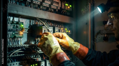 Industrial electrician wearing a hardhat and headlamp troubleshooting a complex electrical control panel.