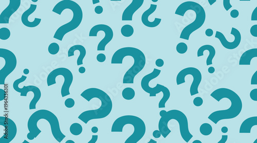 A seamless pattern of numerous teal question marks scattered across a light blue background, symbolizing inquiry and uncertainty.