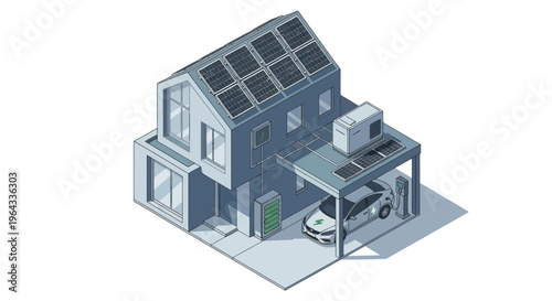 Modern House with Solar Panels and Electric Car Charging Station.