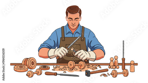 Artisan at Work: A skilled artisan, absorbed in the intricate art of woodworking, meticulously shapes and carves a wooden creation with focus and precision.