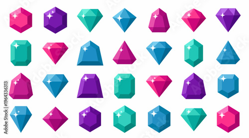 A vibrant collection of flat design gemstones and jewels in various shapes and colors, ideal for game assets or decorative elements.