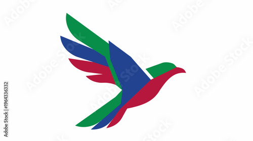 A vibrant, stylized bird in flight, composed of overlapping green, blue, and red segments, soaring against a clean white background.