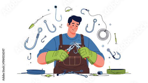 Angler's Craft: A skilled individual meticulously prepares fishing tackle, demonstrating a passion for the pursuit of angling.