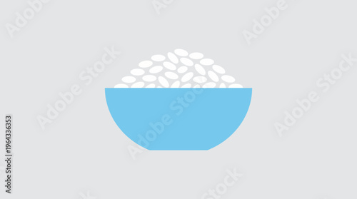A light blue bowl filled with white grains, possibly rice or beans, on a plain grey background, depicted in a minimalist flat design style.