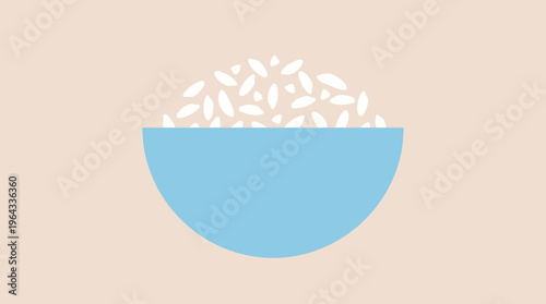 A simple, minimalist illustration of a light blue bowl filled with white rice grains on a warm beige background.