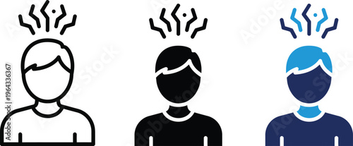 Three stylized human figures with flame like elements on their heads in black white and blue