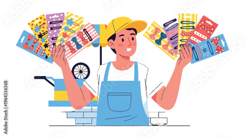 Street Vendor's Treasures: A cheerful street vendor presents an array of colorful trinkets, embodying entrepreneurial spirit and a vibrant market atmosphere.