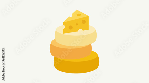 A stylized illustration depicting a stack of three round cheese wheels with a triangular cheese wedge on top.