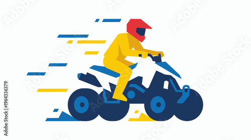 Flat vector illustration of a person in a helmet riding an ATV at high speed, with motion lines indicating rapid movement and adventure.