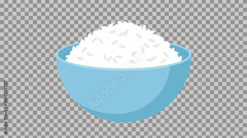 A light blue bowl filled with fluffy white cooked rice, presented against a transparent background, ready to be served as a staple food.