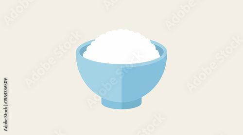 A simple flat illustration of a light blue bowl filled with white fluffy rice on a plain beige background.