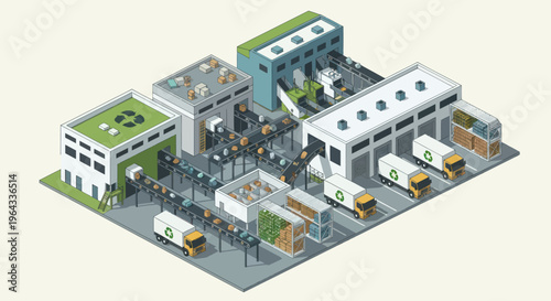 Modern Industrial Recycling Facility with Trucks and Green Roofs.