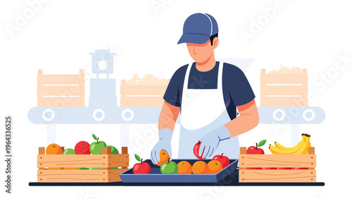 Harvesting Harmony: An illustration capturing a worker sorting a colorful array of fresh fruits, embodying the essence of healthy nourishment and natural goodness.