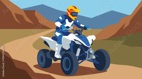 An adventurous person in protective gear riding a quad bike on a dirt trail through a desert landscape with mountains.