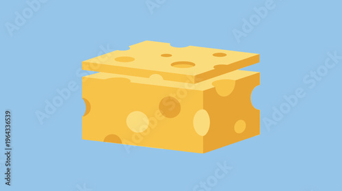 A stylized illustration of a yellow block of Swiss cheese with holes, topped by a thin slice of cheese, against a plain light blue background.