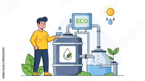 Eco-Friendly System and Sustainability: A person inspects an eco-friendly water purification system, symbolizing sustainability and the importance of environmental responsibility. 