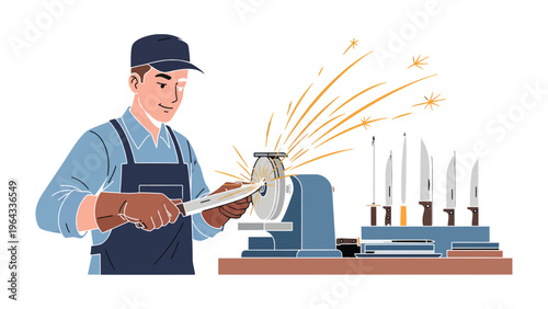 Knife Sharpening Craftsman: A skilled craftsman meticulously sharpens a knife on a grinding wheel, sparks flying as he hones the blade to perfection. A display of sharp knives completes the scene