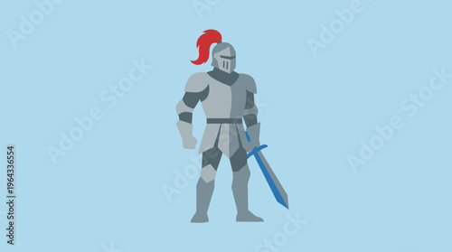 Stylized illustration of a medieval knight in full armor holding a sword, with a red plume on his helmet, against a light blue background.