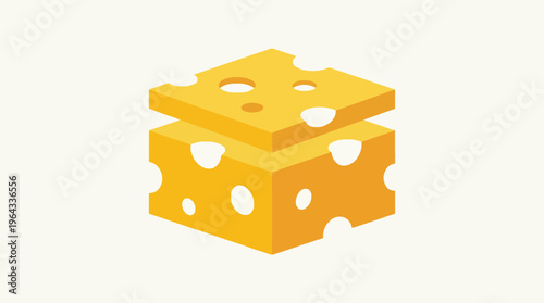 Isometric illustration of a yellow cheese cube with holes, stacked in two pieces on a light background.
